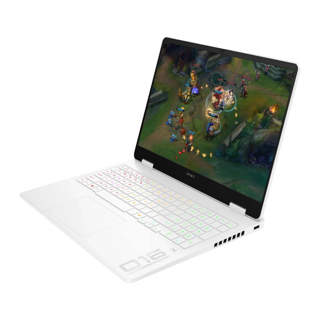 HP OMEN 16 1TB Blanco, vista frontal abierta: pantalla con League of Legends y teclado RGB retroiluminado - Ítem3