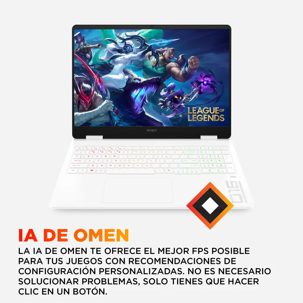 HP OMEN 16 1TB Blanco, vista frontal abierta: pantalla con League of Legends y teclado RGB retroiluminado - Ítem6