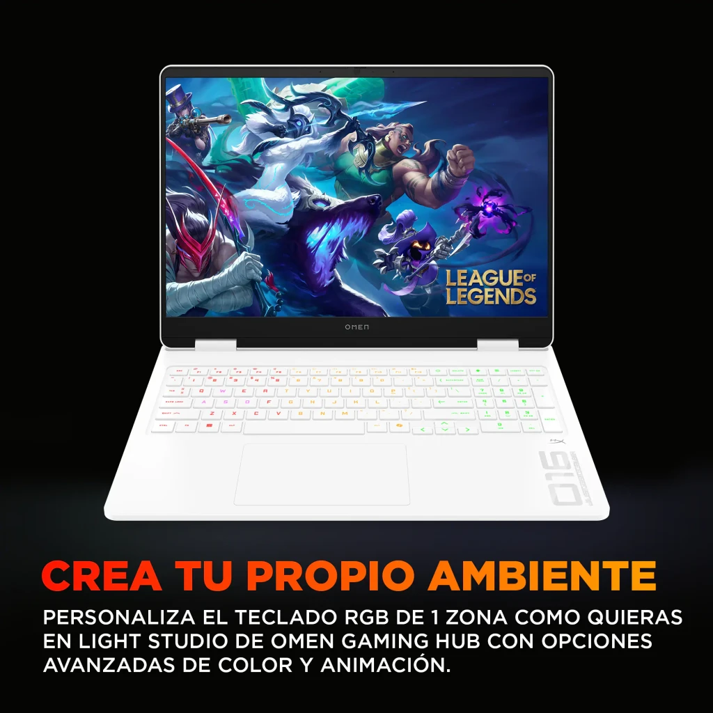 HP OMEN 16 1TB Blanco, vista frontal abierta: pantalla con League of Legends y teclado RGB retroiluminado - Ítem7