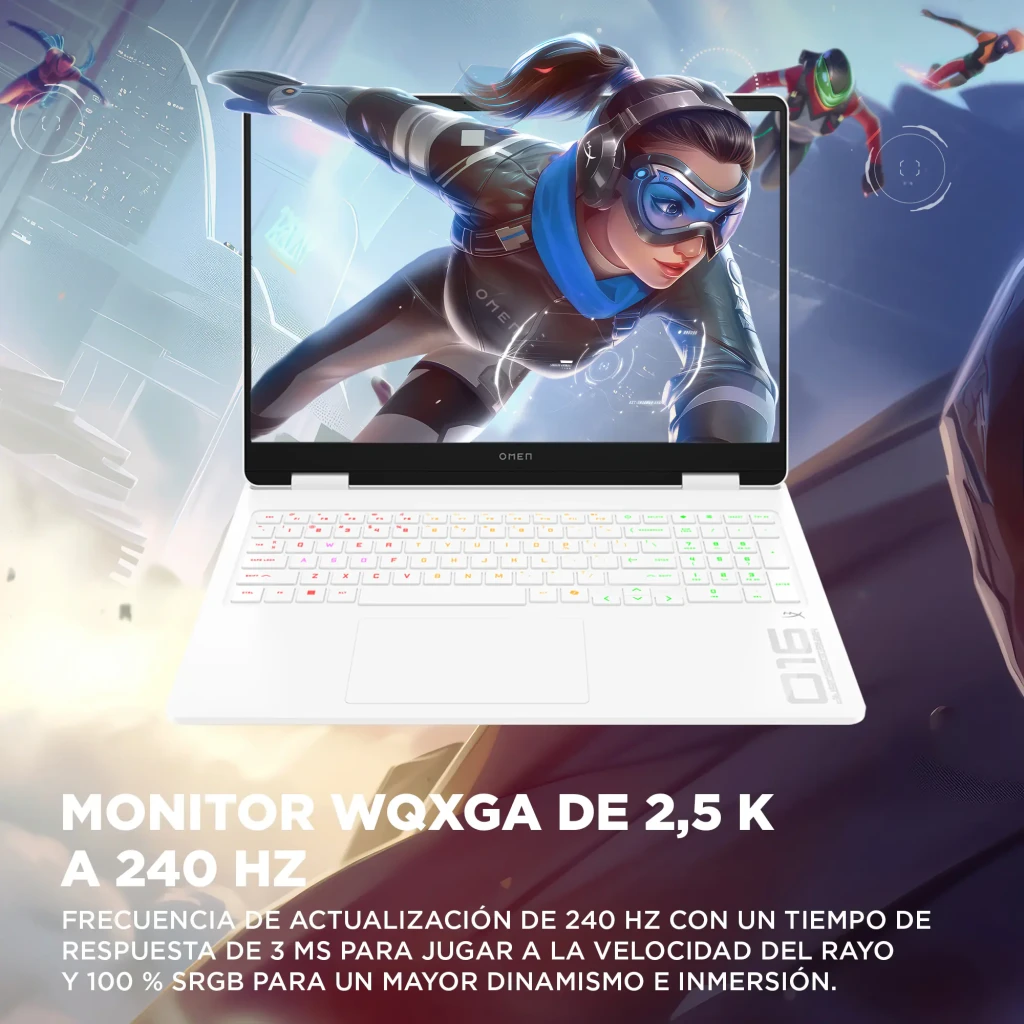 HP OMEN 16 1TB Blanco, vista frontal abierta: pantalla con League of Legends y teclado RGB retroiluminado - Ítem8