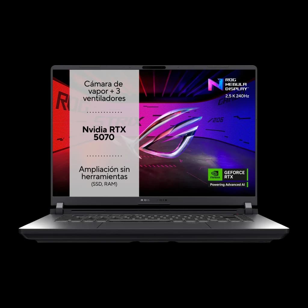 ASUS ROG G615JPR 1TB Gris Eclipse, vue de face: écran avec specs RTX 5070, ROG Nebula Display 2,5K 240Hz et clavier