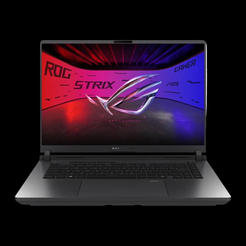 ASUS ROG Strix G16 1TB Gris Eclipse, vue de face: écran avec logo ROG Strix, clavier rétroéclairé et pavé tactile visibles