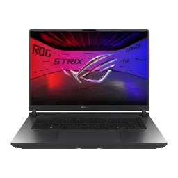 ASUS ROG Strix G16 1TB Gris Eclipse, vue de face: écran avec logo ROG Strix, clavier rétroéclairé et pavé tactile visibles