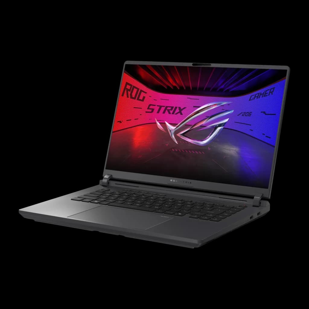 ASUS ROG Strix G16 1TB gris, vue avant droite: écran avec logo ROG Strix, clavier complet et ports côté droit visibles
