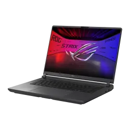 ASUS ROG Strix G16 1TB gris, vue avant droite: écran avec logo ROG Strix, clavier complet et ports côté droit visibles
