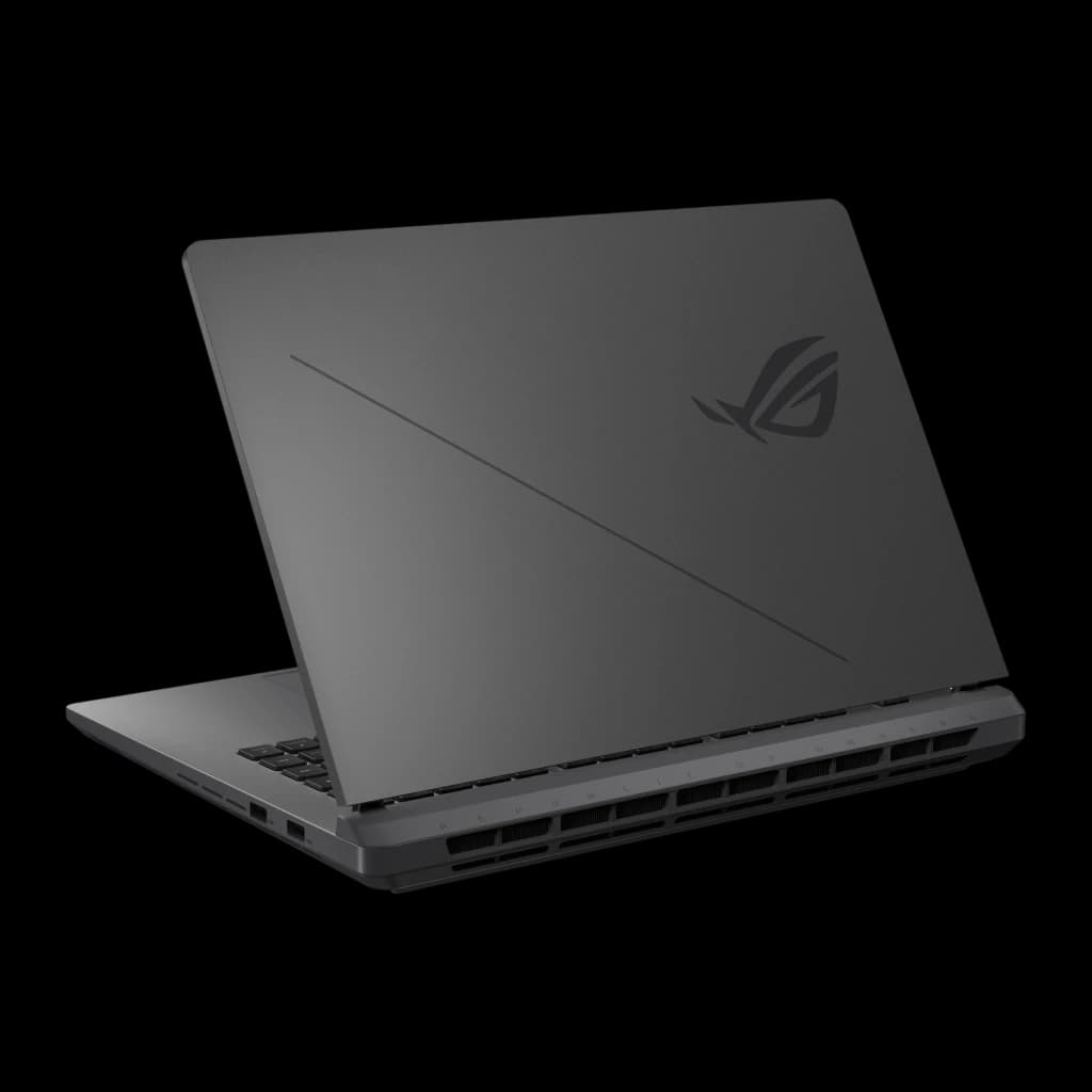 ASUS ROG Strix G16 1TB gris, vue arrière gauche: couvercle avec logo ROG gravé, ligne diagonale et grilles de ventilation