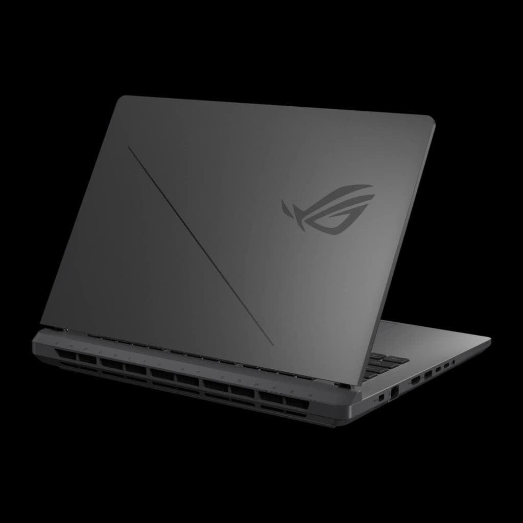 ASUS ROG Strix G16 1TB gris, vue arrière droite: couvercle avec logo ROG et ligne diagonale, grilles de ventilation et ports