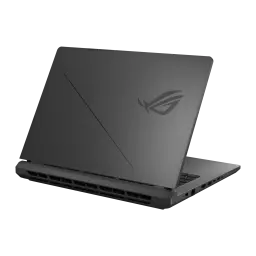 ASUS ROG Strix G16 1TB gris, vue arrière droite: couvercle avec logo ROG et ligne diagonale, grilles de ventilation et ports