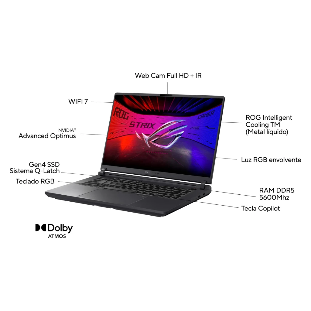 ASUS ROG G615JPR 1TB Gris Eclipse, vista frontal: pantalla con specs RTX 5070, ROG Nebula Display 2,5K 240Hz y teclado - Ítem6