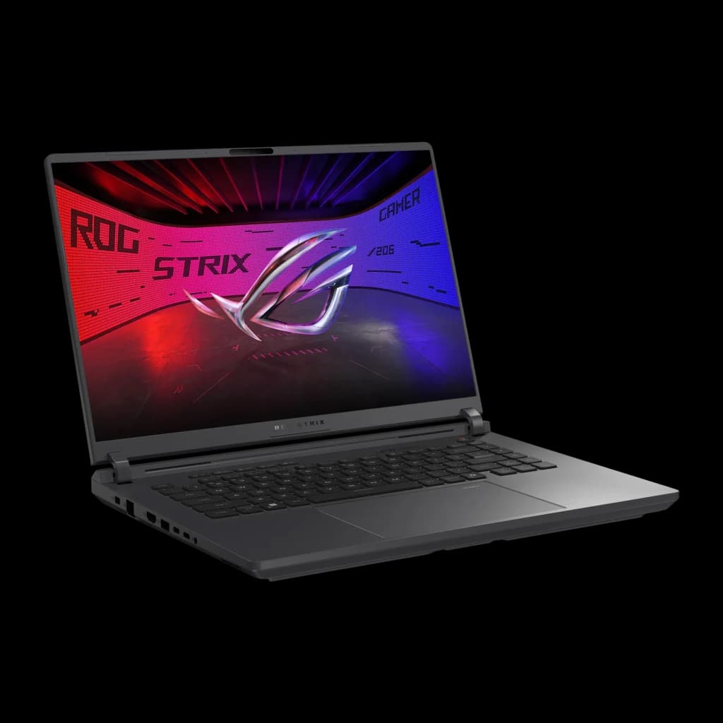 ASUS ROG Strix G16 1TB gris, vue avant gauche: écran avec logo ROG Strix illuminé, clavier et ports latéraux visibles