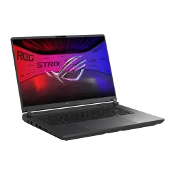 ASUS ROG Strix G16 1TB gris, vue avant gauche: écran avec logo ROG Strix illuminé, clavier et ports latéraux visibles
