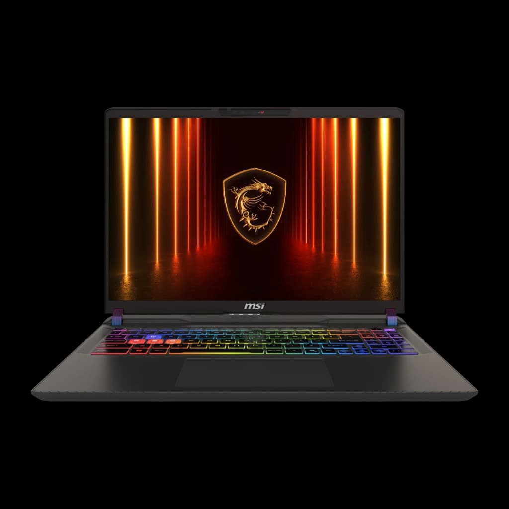 MSI Vector 18 HX AI 1TB Cosmos Gray, vue de face: écran avec logo dragon MSI et clavier RGB multicolore rétroéclairé