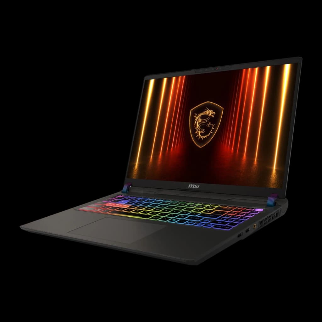 MSI Vector 18 HX AI 1TB Cosmos Gray, vue avant droite: écran logo dragon, clavier RGB et ports latéraux droits visibles