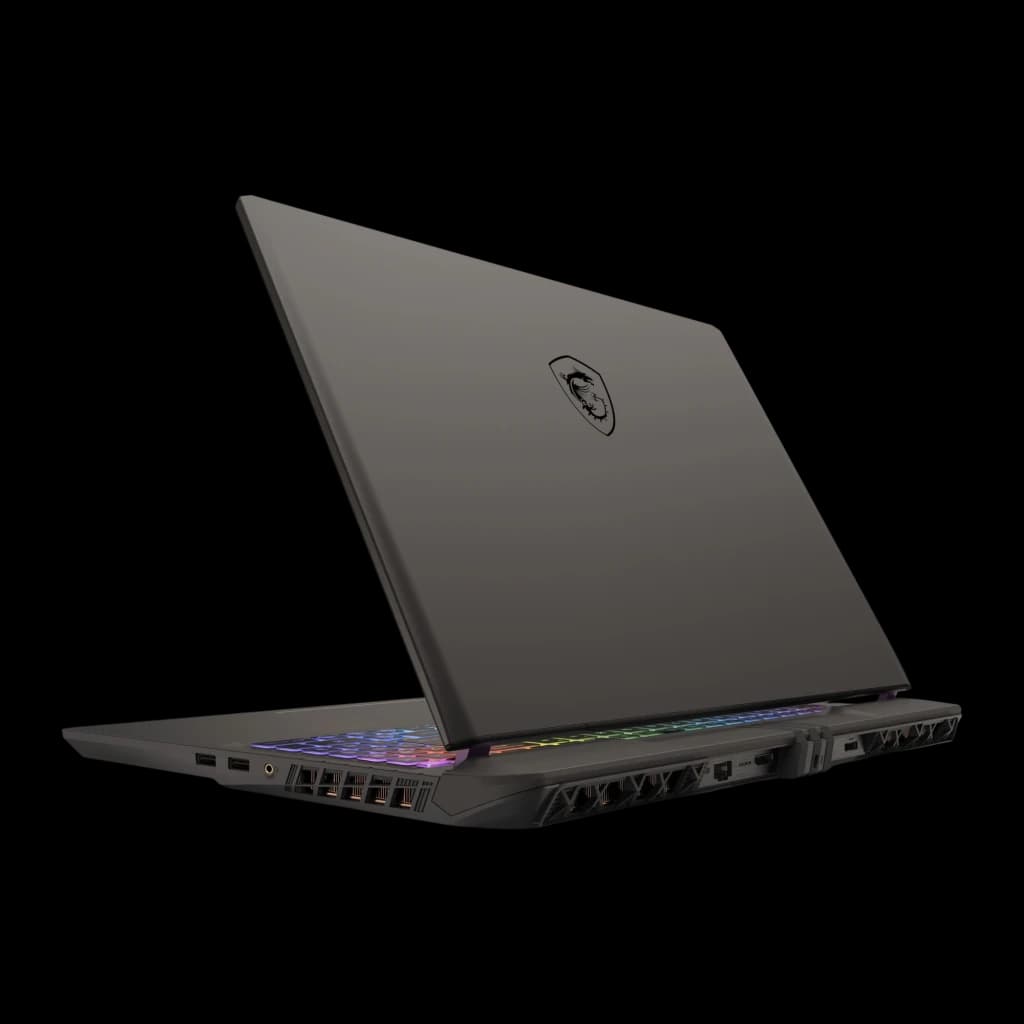 MSI Vector 18 HX AI 1TB Cosmos Gray, vue arrière: couvercle gris avec logo MSI, grilles de ventilation et ports arrière