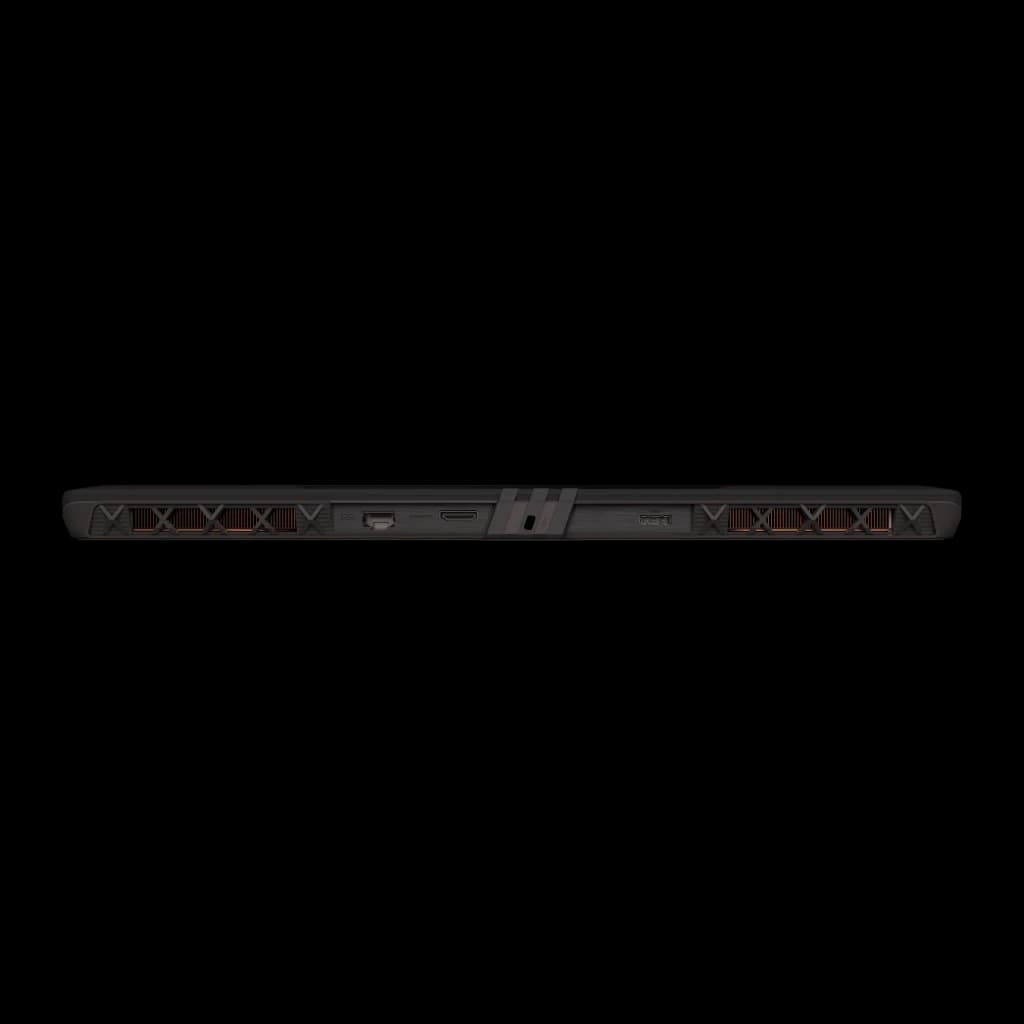MSI Vector 18 HX AI 1TB Cosmos Gray, vue arrière: grilles de ventilation latérales avec détails orange et ports centraux
