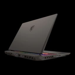 MSI Vector 18 HX AI 1TB Cosmos Gray, vue arrière en angle: couvercle logo dragon et ports arrière avec éclairage RGB