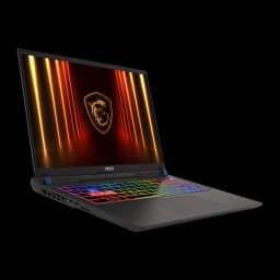MSI Vector 18 HX AI 1TB Cosmos Gray, vue avant gauche: écran avec logo dragon et clavier RGB multicolore rétroéclairé