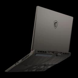 MSI Vector 18 HX AI 1TB Cosmos Gray, vue arrière inférieure: couvercle avec logo dragon, grilles de ventilation et ports