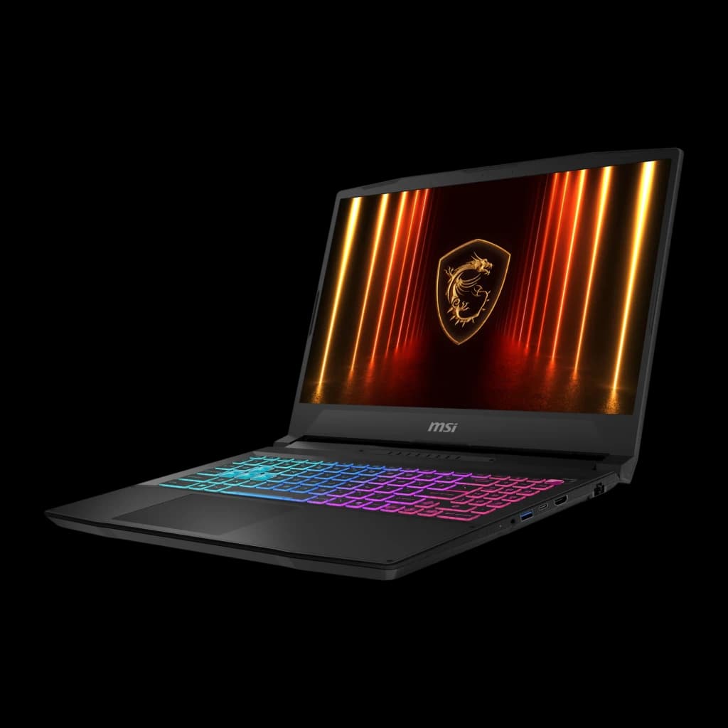 MSI Katana 15 1TB preto, vista frontal 3/4 direita: ecrã com logo dragão e teclado RGB multicolor iluminado