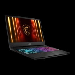 MSI Katana 15 1TB preto, vista frontal 3/4 esquerda: portas laterais visíveis, teclado RGB e ecrã com dragão
