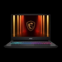 MSI Katana 15 1TB preto, vista frontal: ecrã com logo dragão MSI e teclado RGB iluminado
