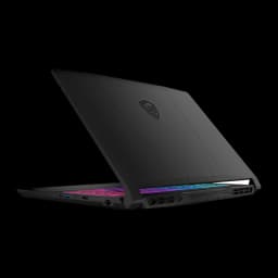 MSI Katana 15 1TB preto, vista traseira lateral: tampa com logo MSI, barra de dobradiça RGB e portas laterais visíveis