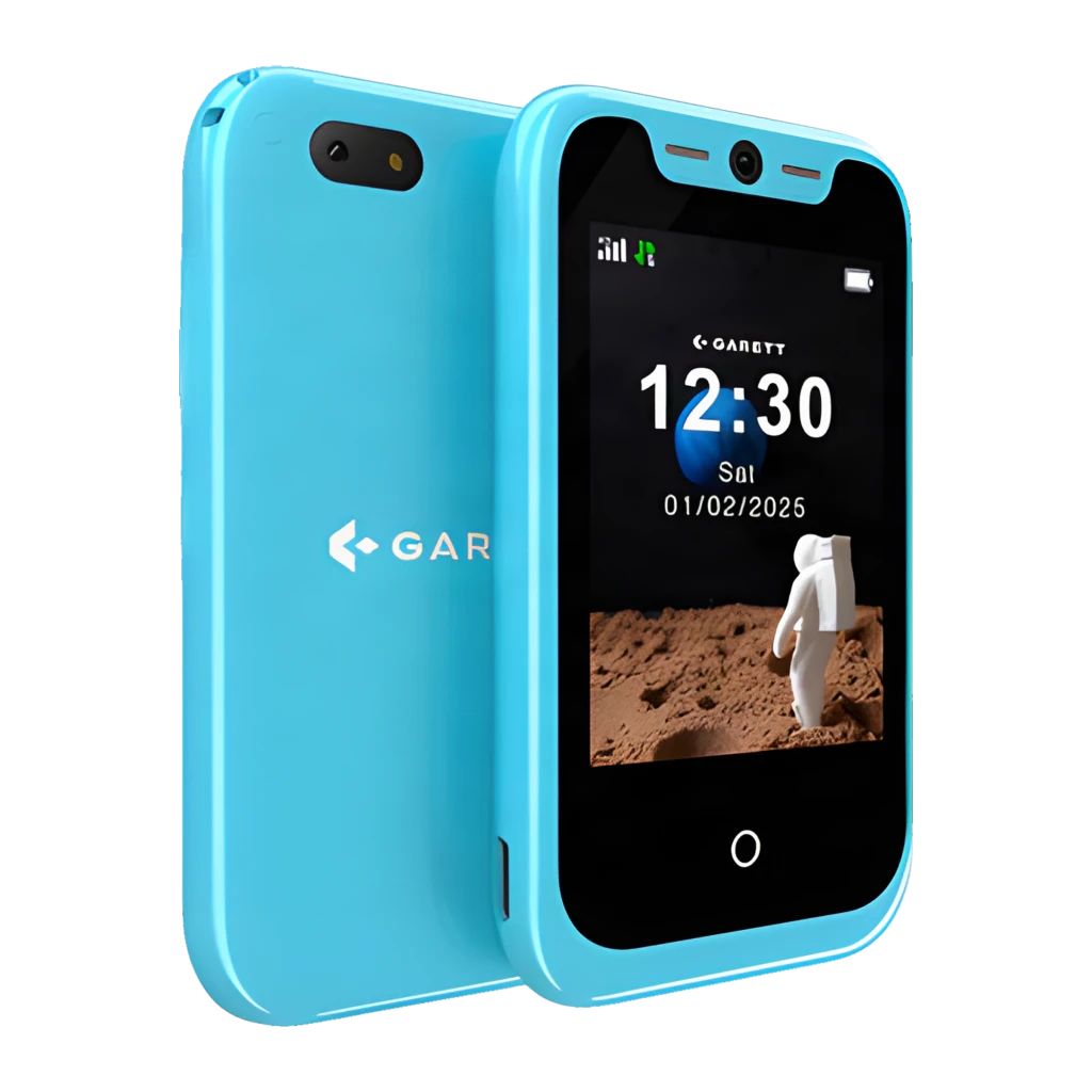 Garett OneKid 2.8 16GB Bleu, vue avant et arrière: écran allumé avec horloge et module caméra arrière visible