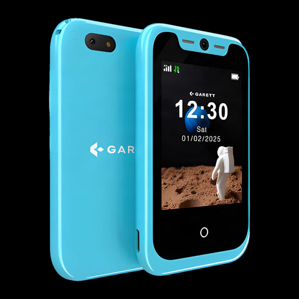 Garett OneKid 2.8 16GB Bleu, vue avant et arrière: écran allumé avec horloge et module caméra arrière visible