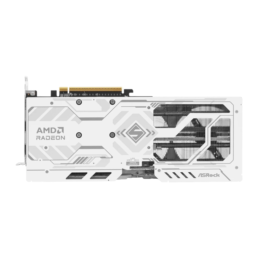 ASRock Radeon RX 9060 XT Steel Legend 16GB blanche, carte avec boîte: emballage Steel Legend aux côtés du GPU avec trois - Ítem2