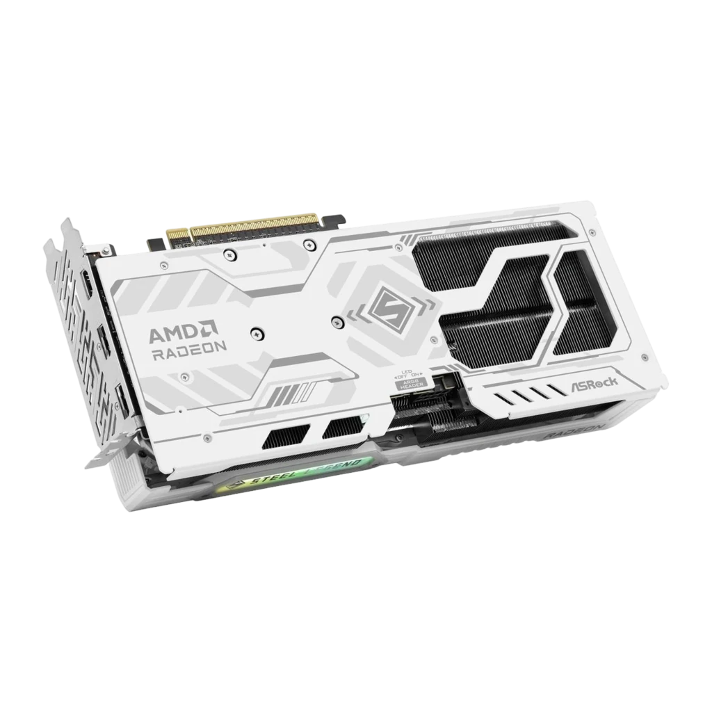 ASRock Radeon RX 9060 XT Steel Legend 16GB blanche, carte avec boîte: emballage Steel Legend aux côtés du GPU avec trois - Ítem3