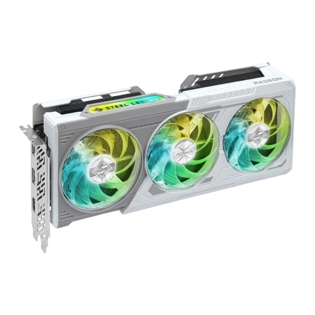 ASRock Radeon RX 9060 XT Steel Legend 16GB blanche, carte avec boîte: emballage Steel Legend aux côtés du GPU avec trois - Ítem1