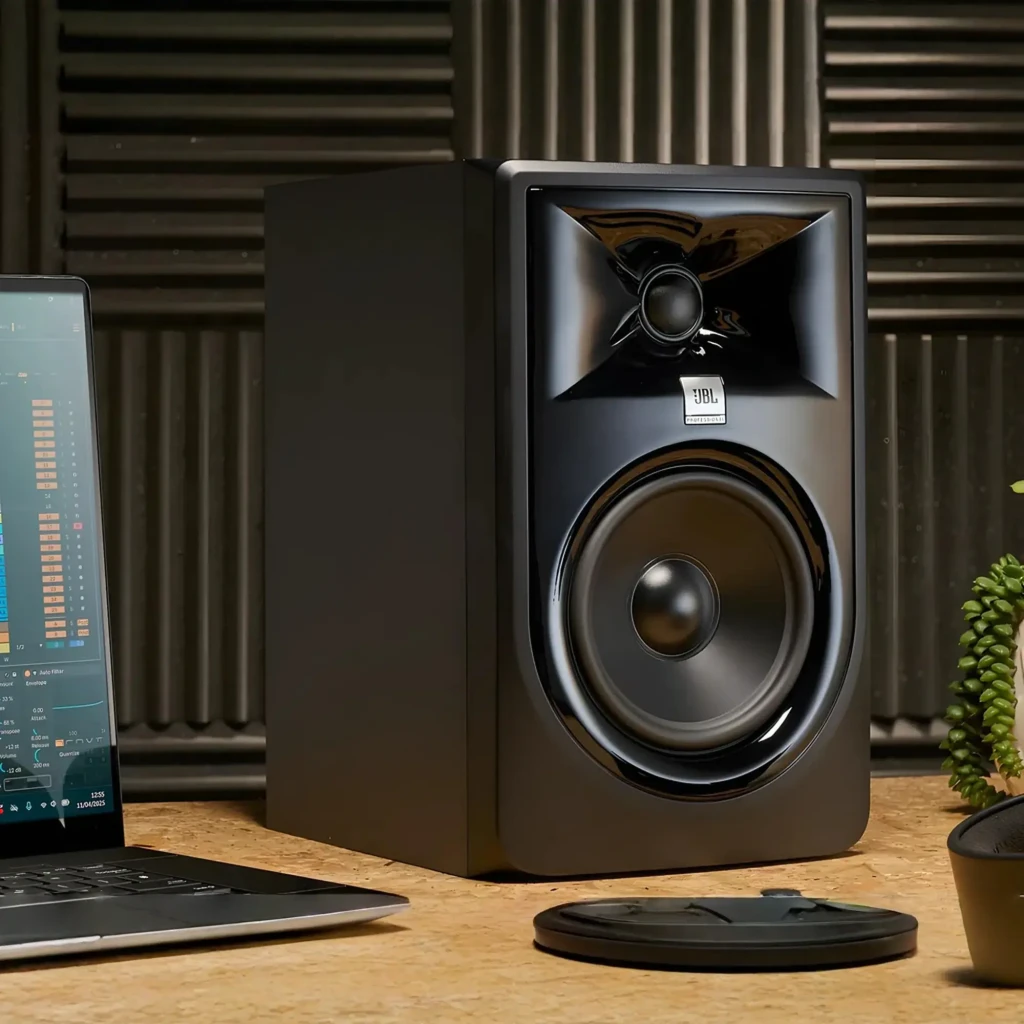 JBL Moniteur de studio 306P MkII noir, vue en angle: tweeter à guide d'onde et woofer 6 pouces visibles sur la face avant - Ítem4