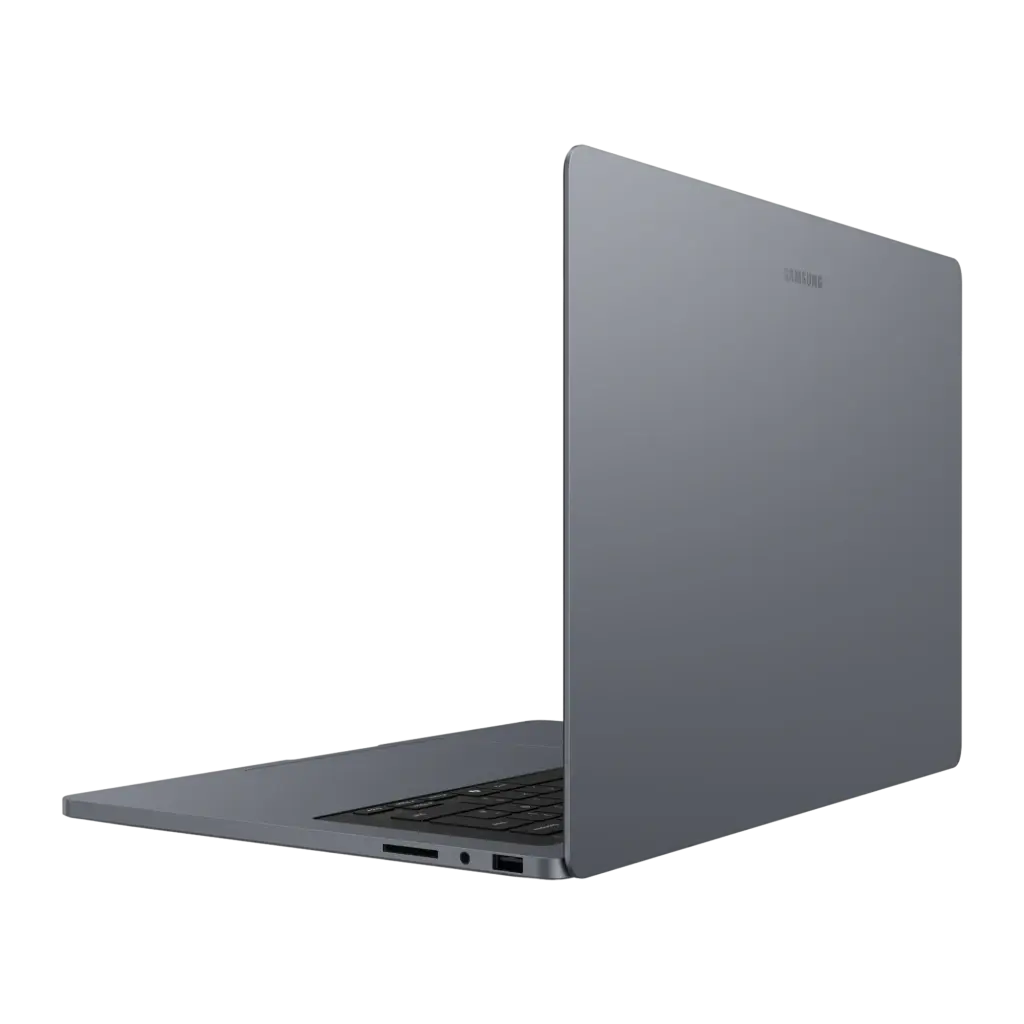 Samsung Galaxy Book6 Ultra 16" 1TB Gris, vue arrière en angle: couvercle gris, logo Samsung et ports latéraux visibles