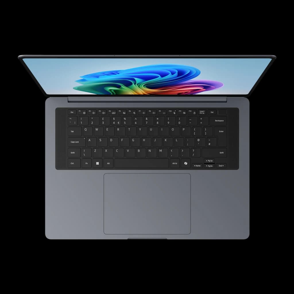 Samsung Galaxy Book6 Ultra 16" 1TB Gris, vista superior: teclado negro, trackpad y pantalla con Windows 11