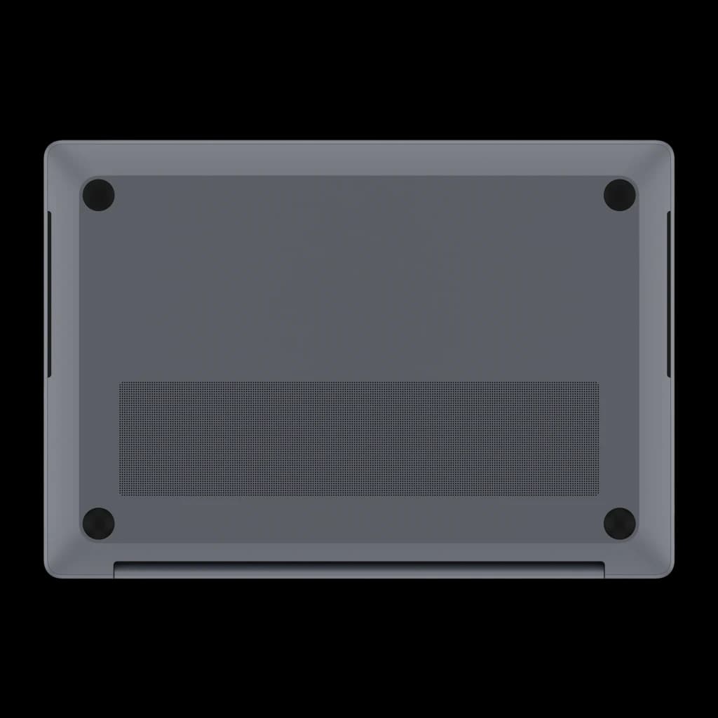 Samsung Galaxy Book6 Ultra 1TB Gris, vista inferior: base gris con rejilla de ventilación y patas de goma
