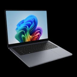 Samsung Galaxy Book6 Ultra 16" 32+1TB RTX 5070 Gris, vista frontal en ángulo: pantalla encendida con fondo floral colorido