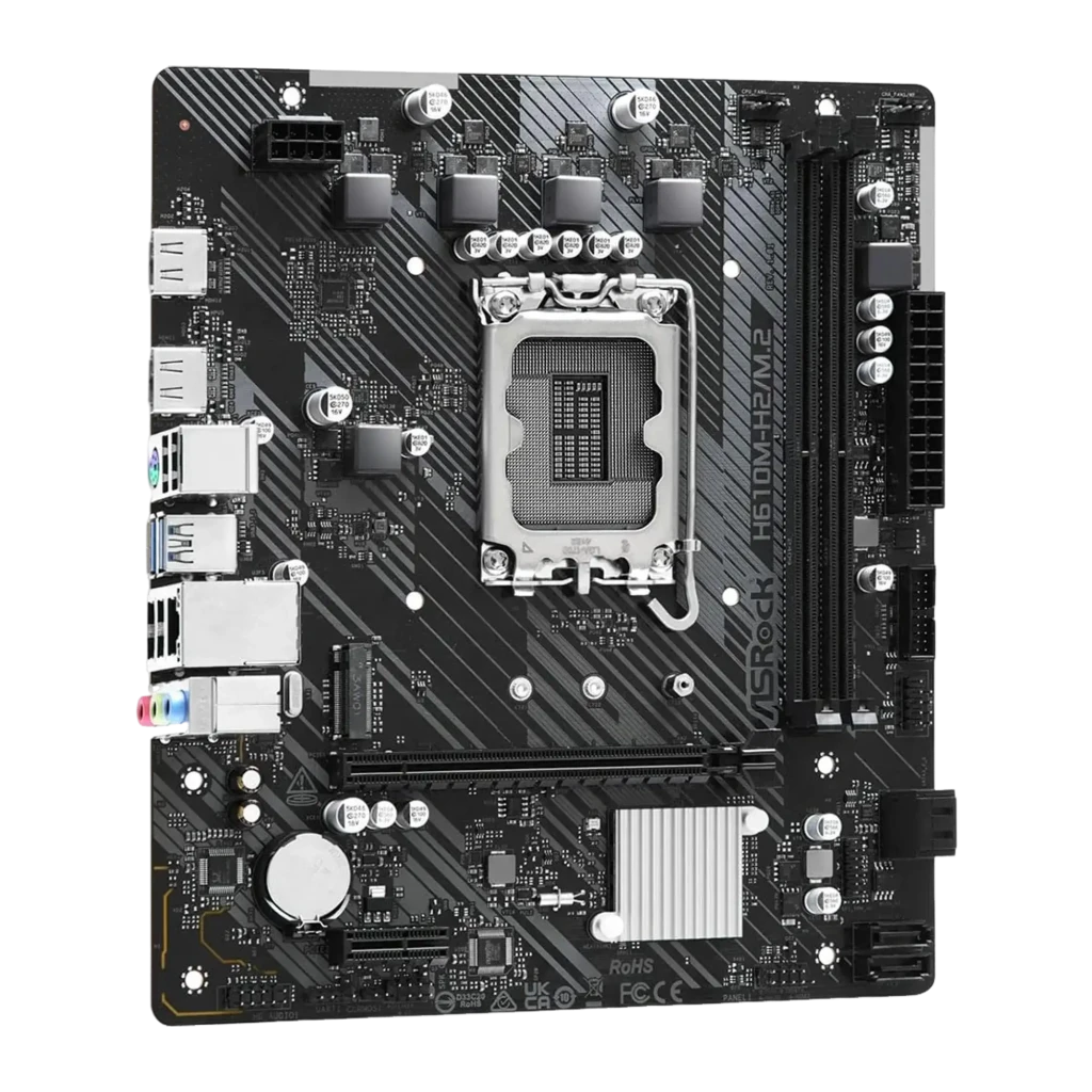 ASRock H610M-H2/M.2 micro ATX LGA1700 64GB, vue de face avec boîte: carte mère et packaging noir avec logo H2 - Ítem1