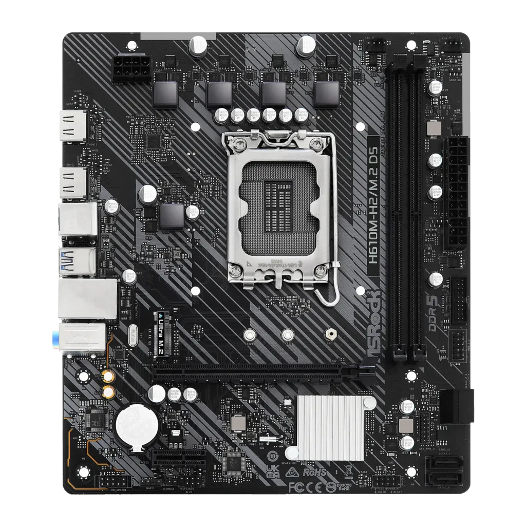 ASRock H610M-H2/M.2 micro ATX LGA1700 64GB, vue de face avec boîte: carte mère et packaging noir avec logo H2 - Ítem3