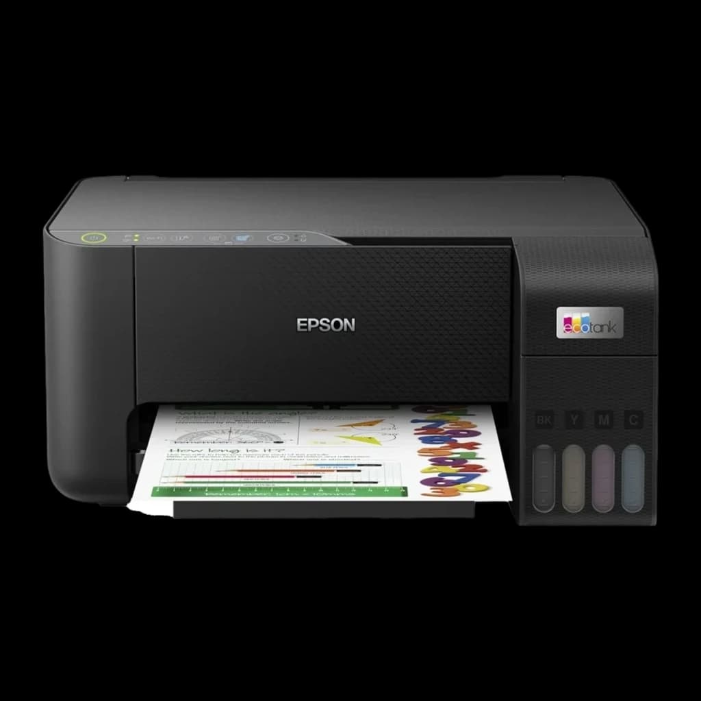 Epson EcoTank ET-2860 noir, vue de face: couvercle fermé, réservoirs d'encre BK Y M C et page imprimée sortante