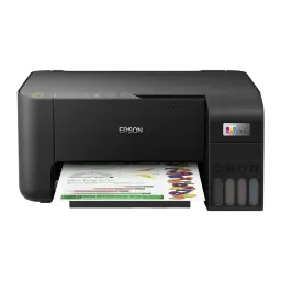 Epson EcoTank ET-2860 noir, vue de face: couvercle fermé, réservoirs d'encre BK Y M C et page imprimée sortante