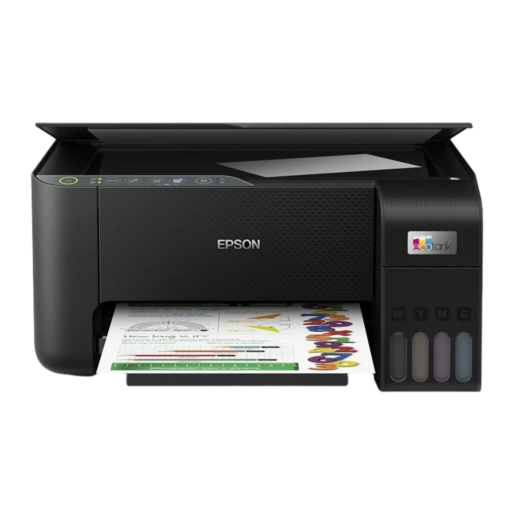 Epson EcoTank ET-2860 preto, vista frontal: tampa fechada, depósitos de tinta BK Y M C e página impressa a sair - Item1