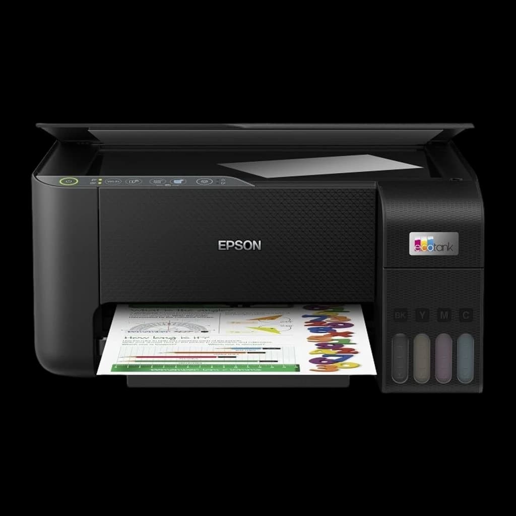 Epson EcoTank ET-2860 noir, vue de face: couvercle scanner ouvert révélant la vitre, réservoirs d'encre visibles