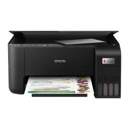 Epson EcoTank ET-2860 noir, vue de face: couvercle scanner ouvert révélant la vitre, réservoirs d'encre visibles