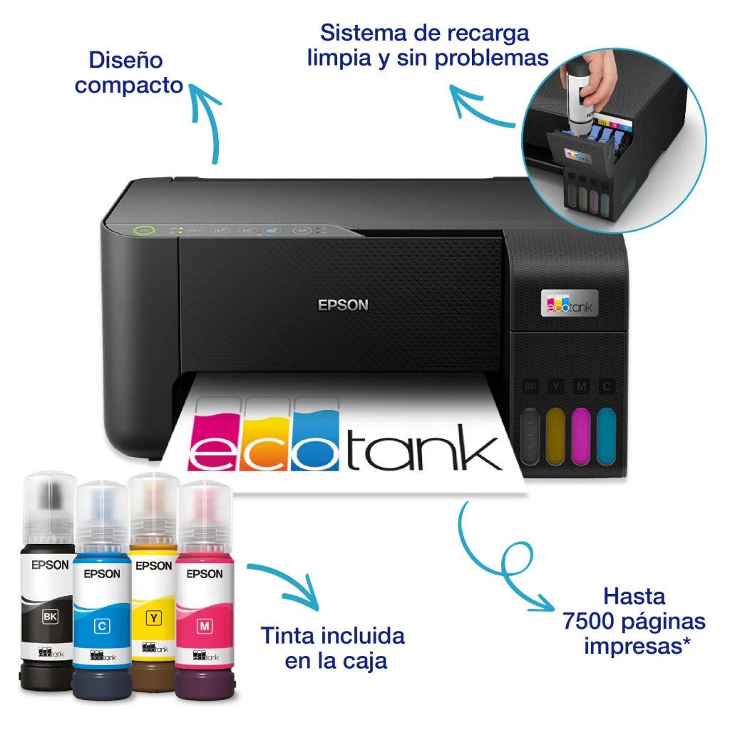 Epson EcoTank ET-2860 preto, vista frontal: tampa fechada, depósitos de tinta BK Y M C e página impressa a sair - Item2