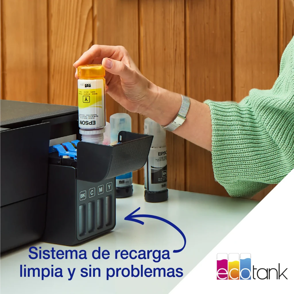 Epson EcoTank ET-2860 preto, vista frontal: tampa fechada, depósitos de tinta BK Y M C e página impressa a sair - Item3