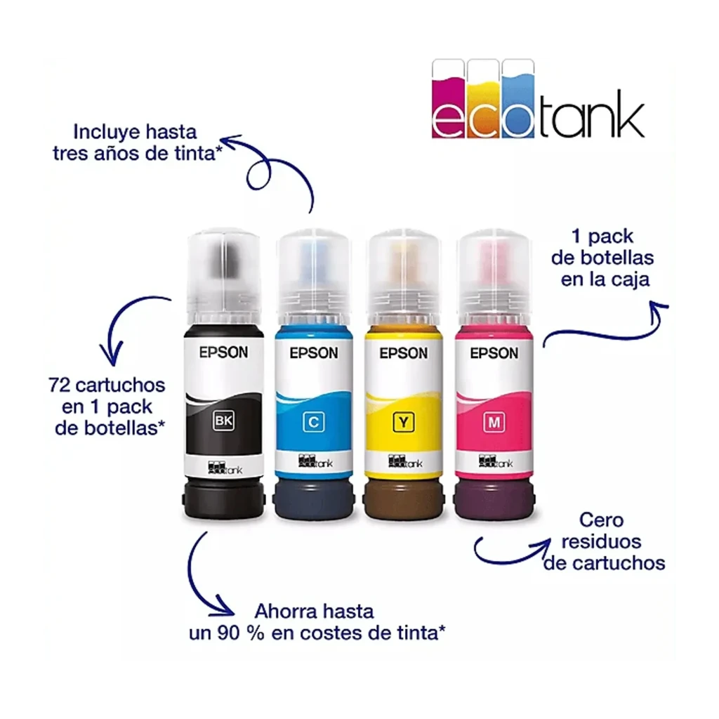 Epson EcoTank ET-2860 preto, vista frontal: tampa fechada, depósitos de tinta BK Y M C e página impressa a sair - Item4