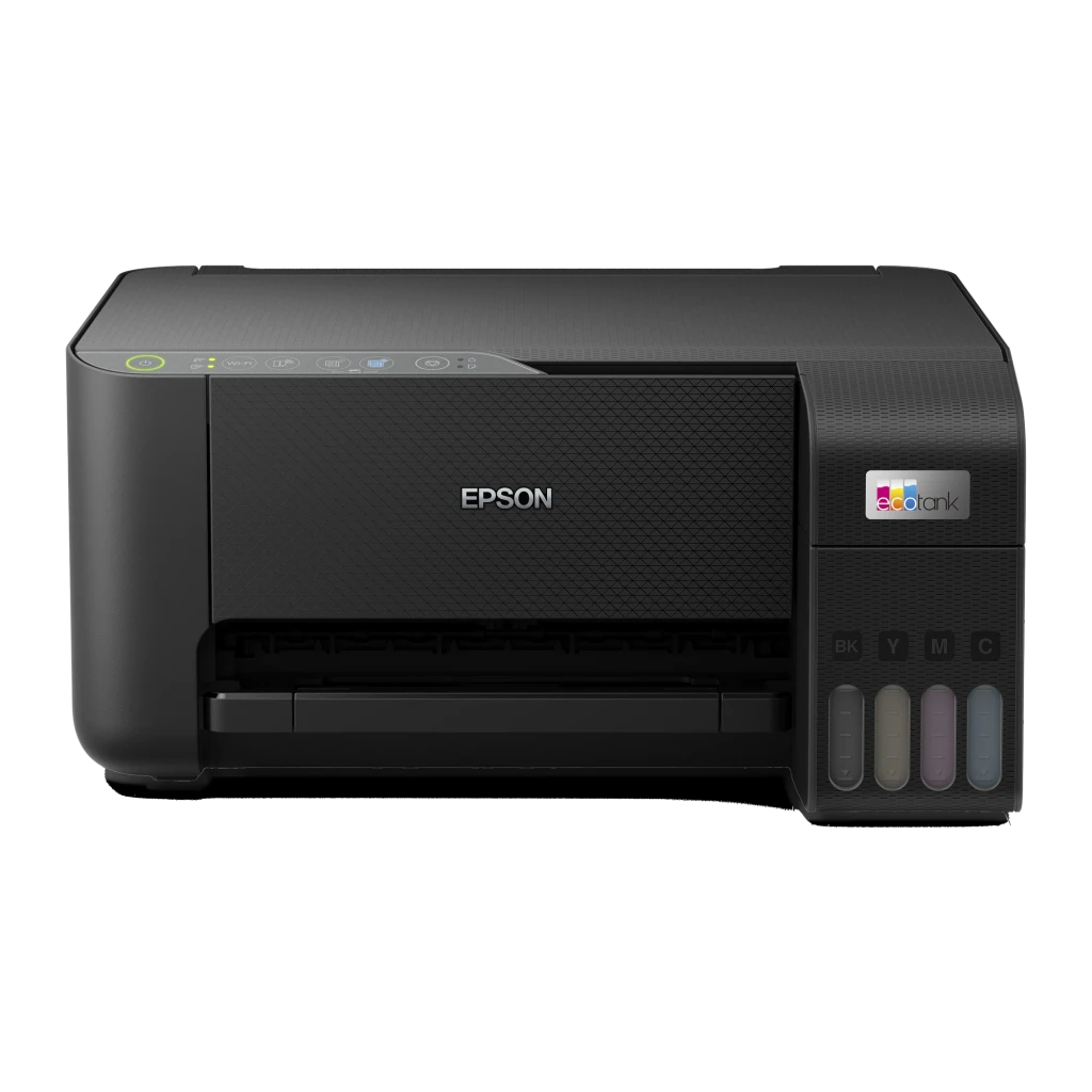 Epson EcoTank ET-2860 preto, vista frontal: tampa fechada, depósitos de tinta BK Y M C e página impressa a sair - Item5