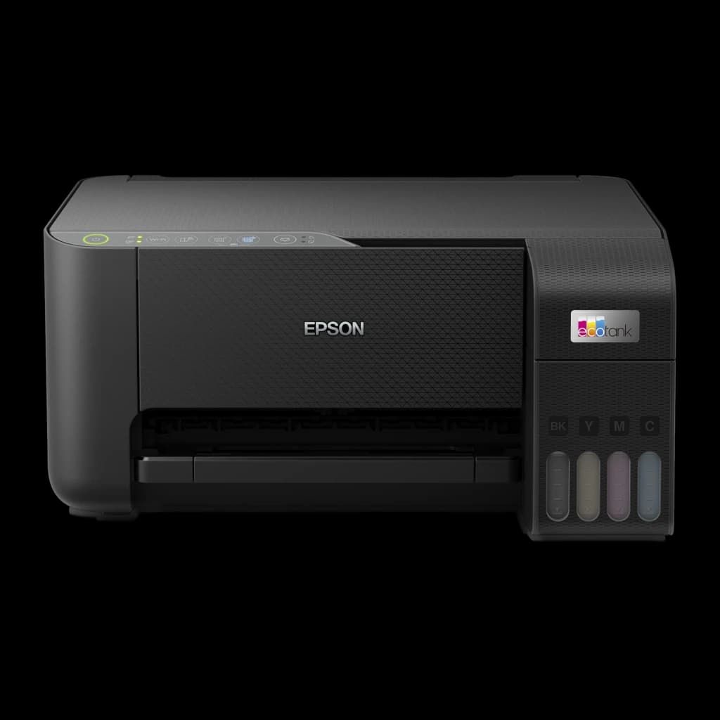 Epson EcoTank ET-2860 noir, vue de face: panneau de commande, logo EcoTank et réservoirs d'encre BK Y M C visibles