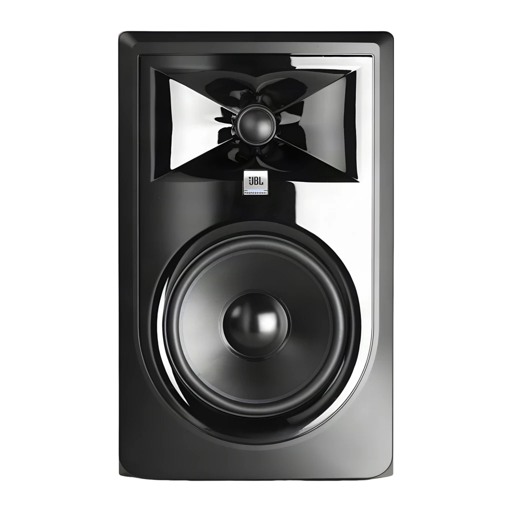 JBL 308P MkII noir, vue avant en angle: woofer 8 pouces, tweeter à guide d'onde et logo JBL - Ítem1