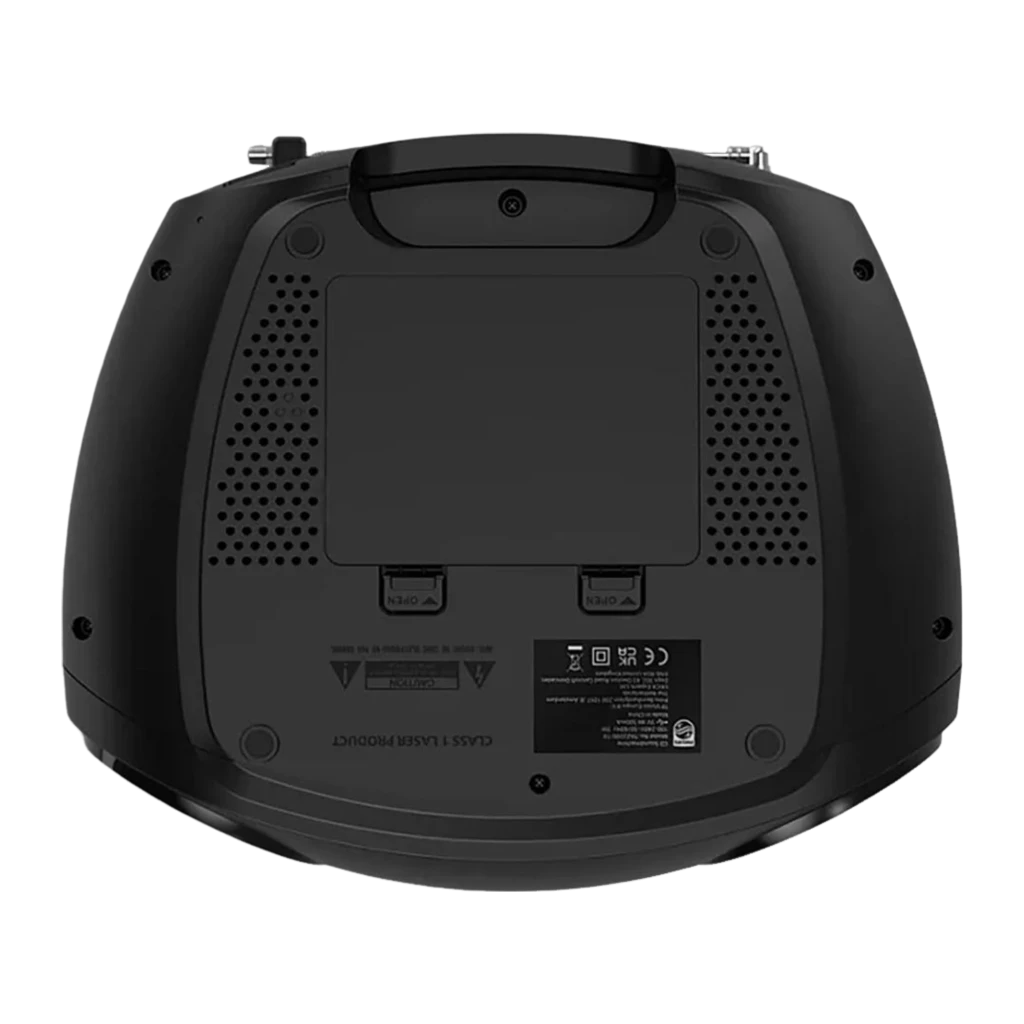 Philips TAZ2200/10 negro, vista inferior: compartimentos de pilas, rejillas de ventilación y etiqueta CE
